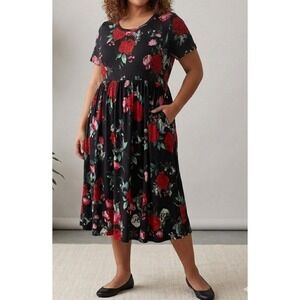 Torrid Super Soft Floral Midi Dress Size 3X Black Red Roses Skull Short Sleeve